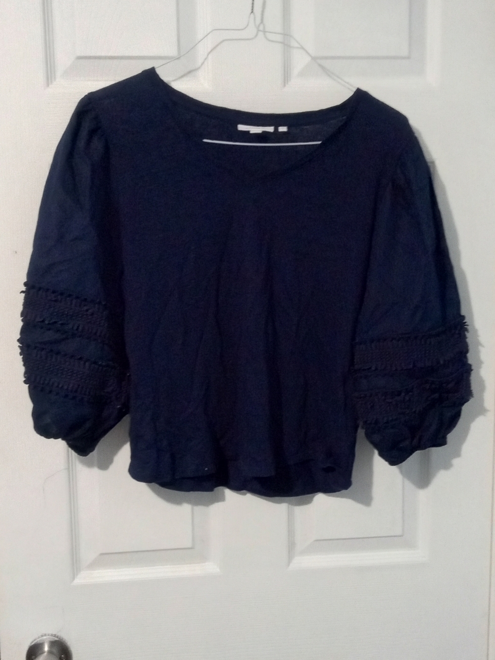Chico's Dark Navy Puff-Sleeve Linen, Cotton Crochet-Trim Top